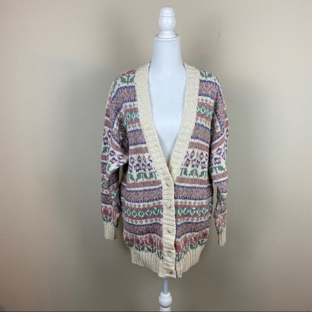 VTG Liz Sport Cream Pink & Light Green Chunky Button Up Cardigan Sweater - Picture 8 of 15